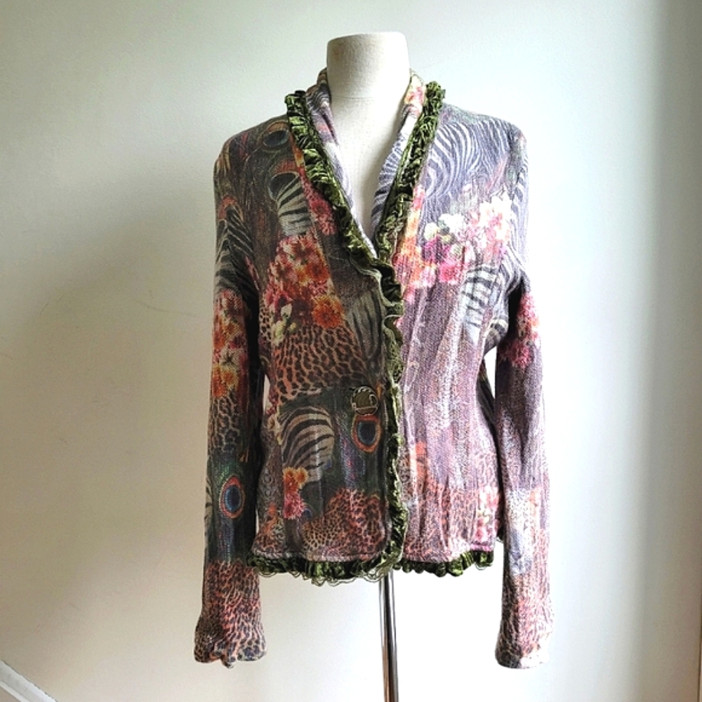 Alberto Makali Floral Whimsical Jungle Print Collar Velvet Lace Blazer Jacket XL
